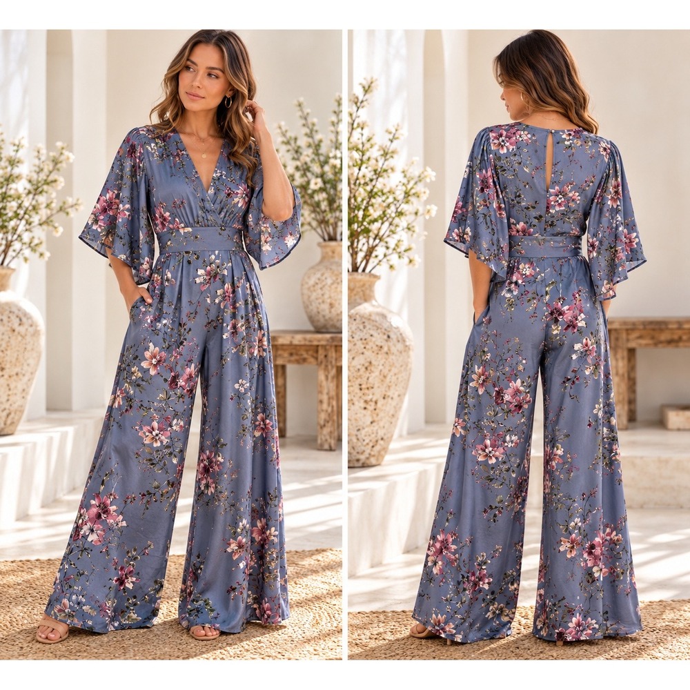 Zara Basic XS Blue Floral Kimono Sleeve Wide Leg Jumpsuit Wrap Boho Palazzo